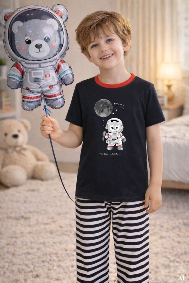 Erkek Çocuk Pamuklu Çizgili Baskılı Kısa Kollu Uzun Alt Pijama Takımı Siyah - Beyaz - 7-8 Yaş