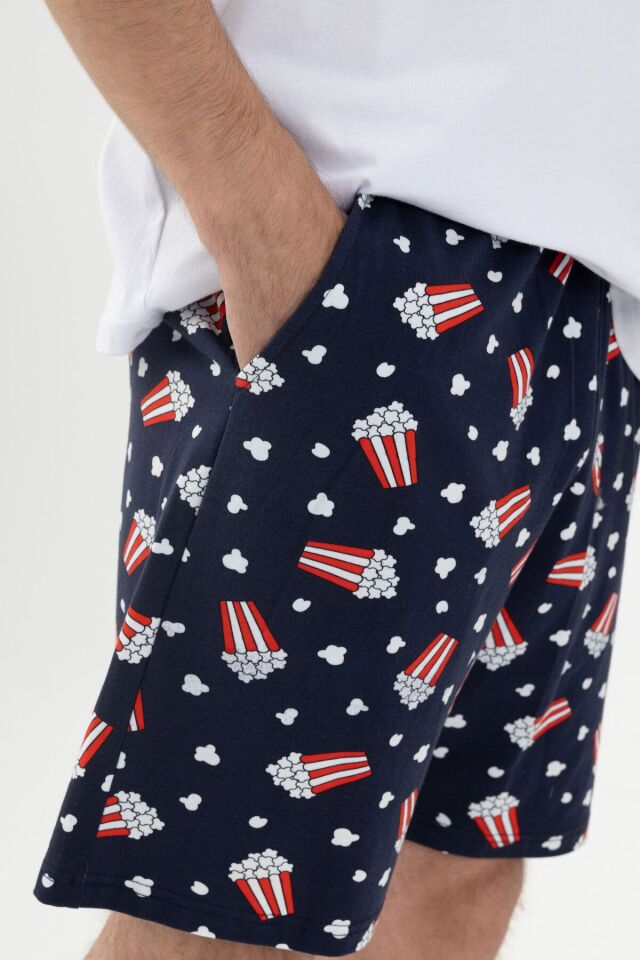 Erkek Kısa Kollu Pamuklu Popcorn Desenli Şortlu Pijama Takımı KO60100 Popcorn Desen - S - KO60100 Popcorn Desen - S