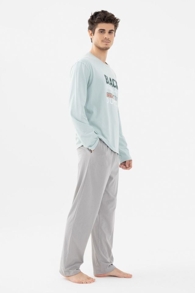 Erkek Pamuklu Basic Uzun Kollu Baskılı ve Cep Detaylı Pijama Takımı