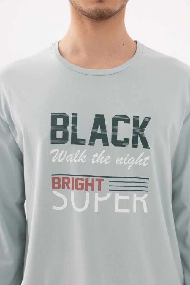 Erkek Pamuklu Basic Uzun Kollu Baskılı ve Cep Detaylı Pijama Takımı