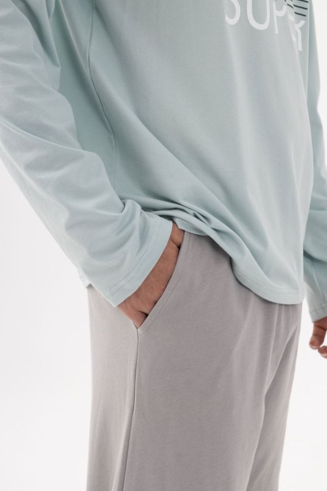 Erkek Pamuklu Basic Uzun Kollu Baskılı ve Cep Detaylı Pijama Takımı