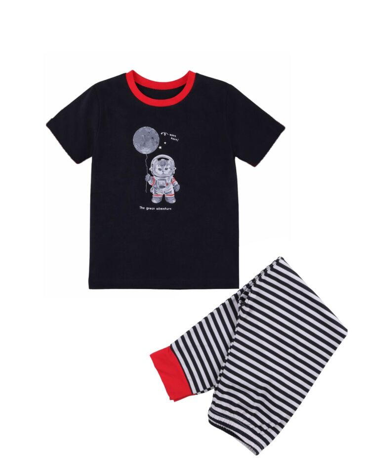 Erkek Çocuk Pamuklu Çizgili Baskılı Kısa Kollu Uzun Alt Pijama Takımı Siyah - Beyaz - 9-10 Yaş