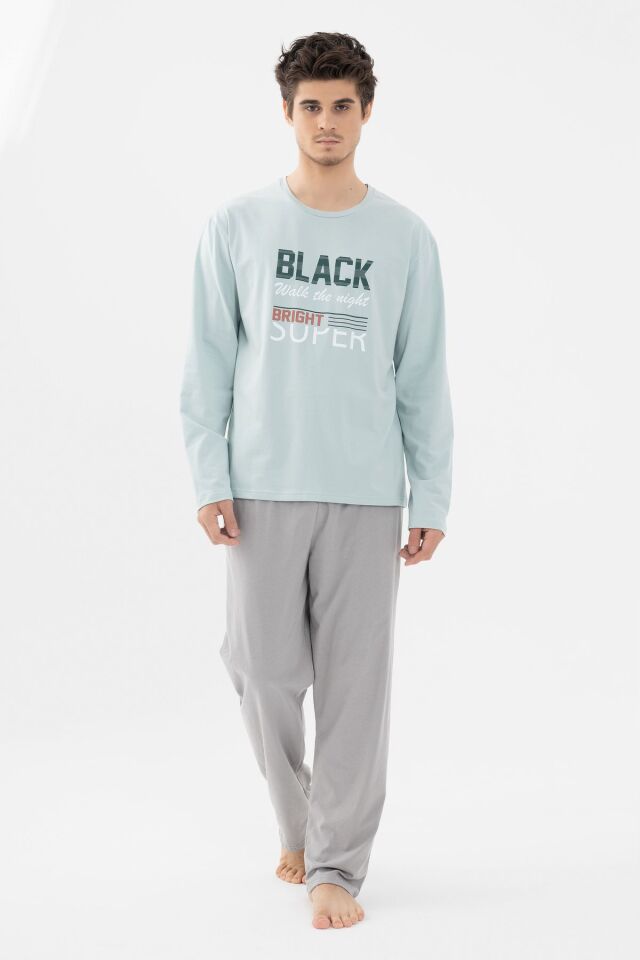 Erkek Pamuklu Basic Uzun Kollu Baskılı ve Cep Detaylı Pijama Takımı Mint - Gri - M