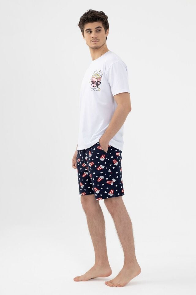 Erkek Kısa Kollu Pamuklu Popcorn Desenli Şortlu Pijama Takımı KO60100 Popcorn Desen - M - KO60100 Popcorn Desen - M