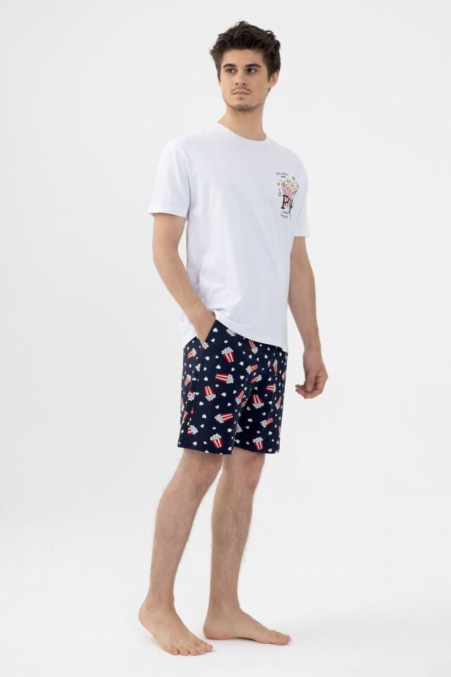 Erkek Kısa Kollu Pamuklu Popcorn Desenli Şortlu Pijama Takımı KO60100 Popcorn Desen - M - KO60100 Popcorn Desen - M