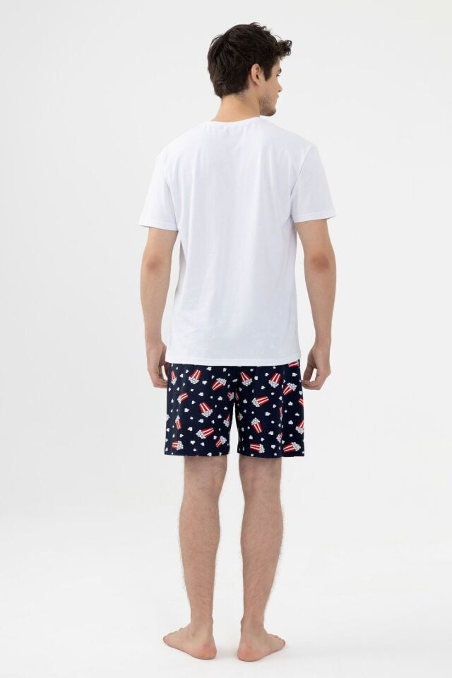 Erkek Kısa Kollu Pamuklu Popcorn Desenli Şortlu Pijama Takımı KO60100 Popcorn Desen - M - KO60100 Popcorn Desen - M