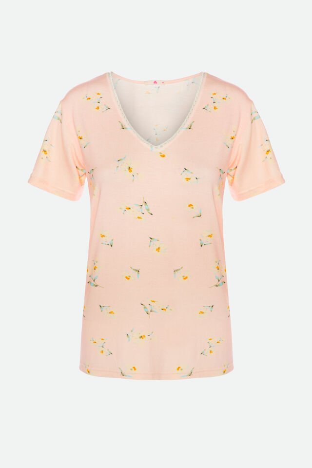 Kadın Viskon Yaka Dantel Lastik Detaylı V Yaka Kısa Kollu Pijama Takımı L - Ekru