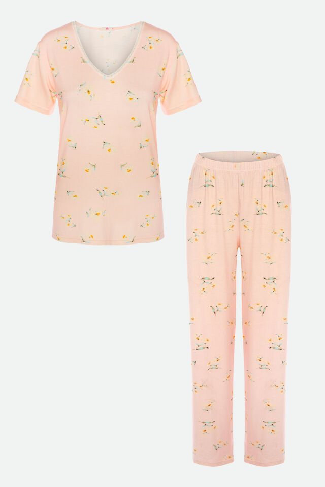 Kadın Viskon Yaka Dantel Lastik Detaylı V Yaka Kısa Kollu Pijama Takımı L - Ekru