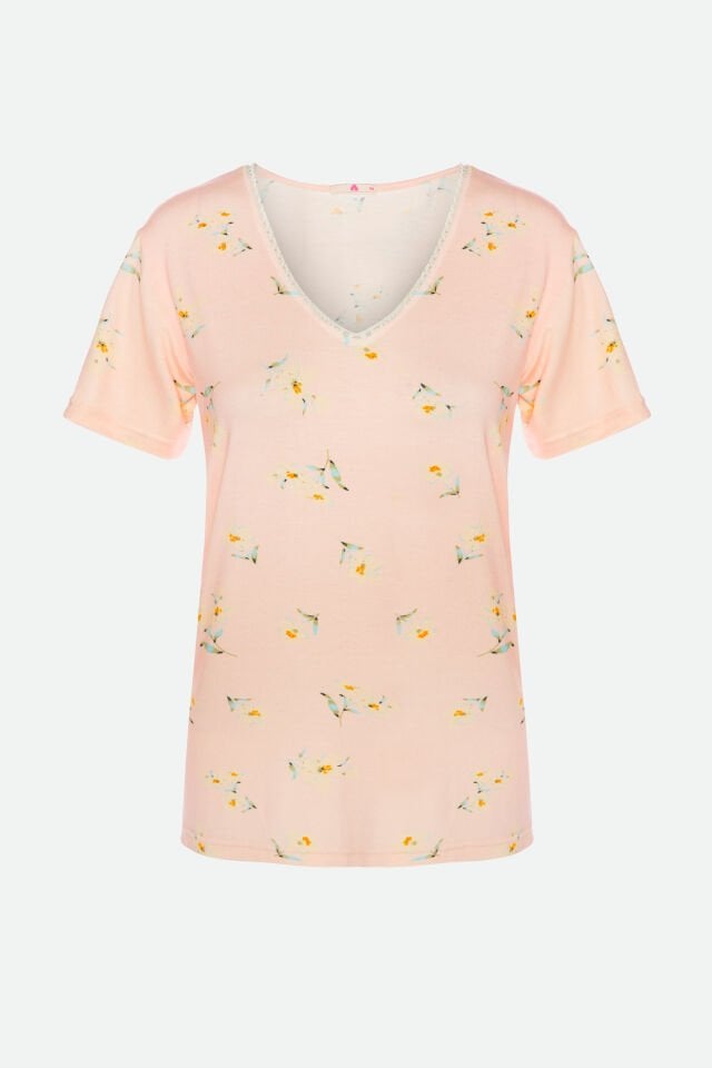 Kadın Viskon Yaka Dantel Lastik Detaylı V Yaka Kısa Kollu Pijama Takımı XL - Ekru