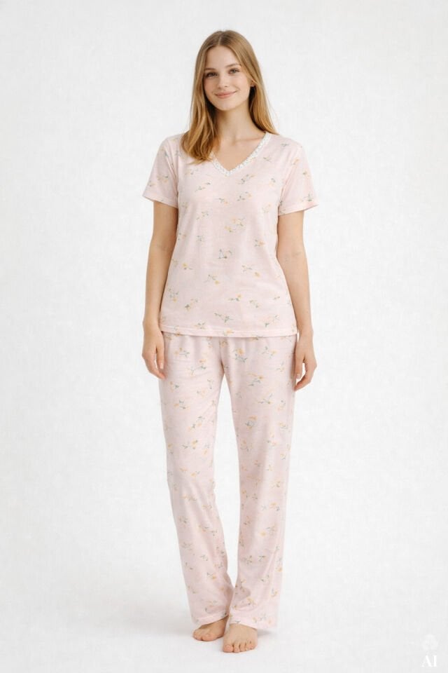 Kadın Viskon Yaka Dantel Lastik Detaylı V Yaka Kısa Kollu Pijama Takımı XL - Ekru