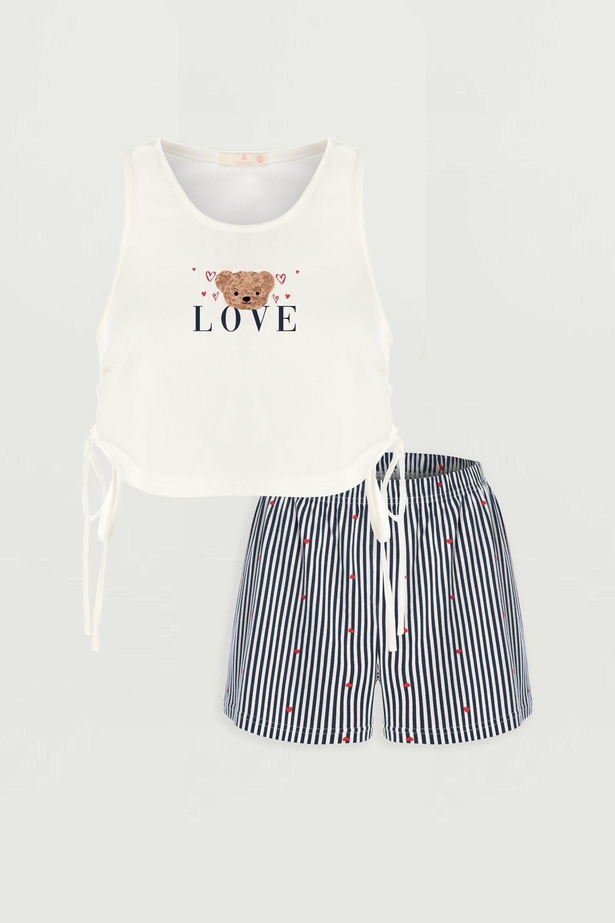 Kadın Yan Bağcık Detaylı Pamuklu Crop Şort Pijama Takımı 72123 - XL