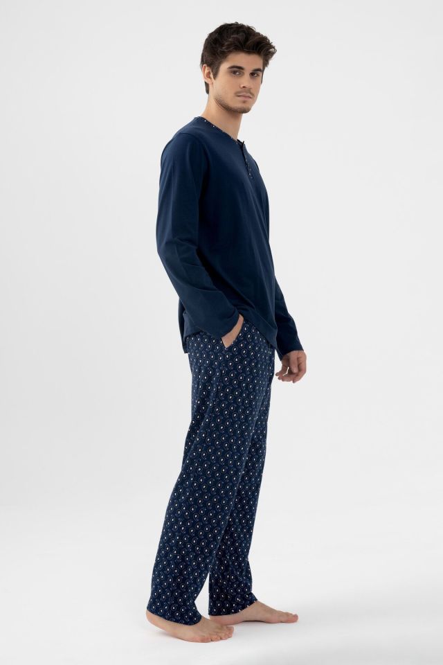 Erkek Pamuklu, Likralı, Yaka Düğmeli Ve Cep Detaylı Pijama Takımı