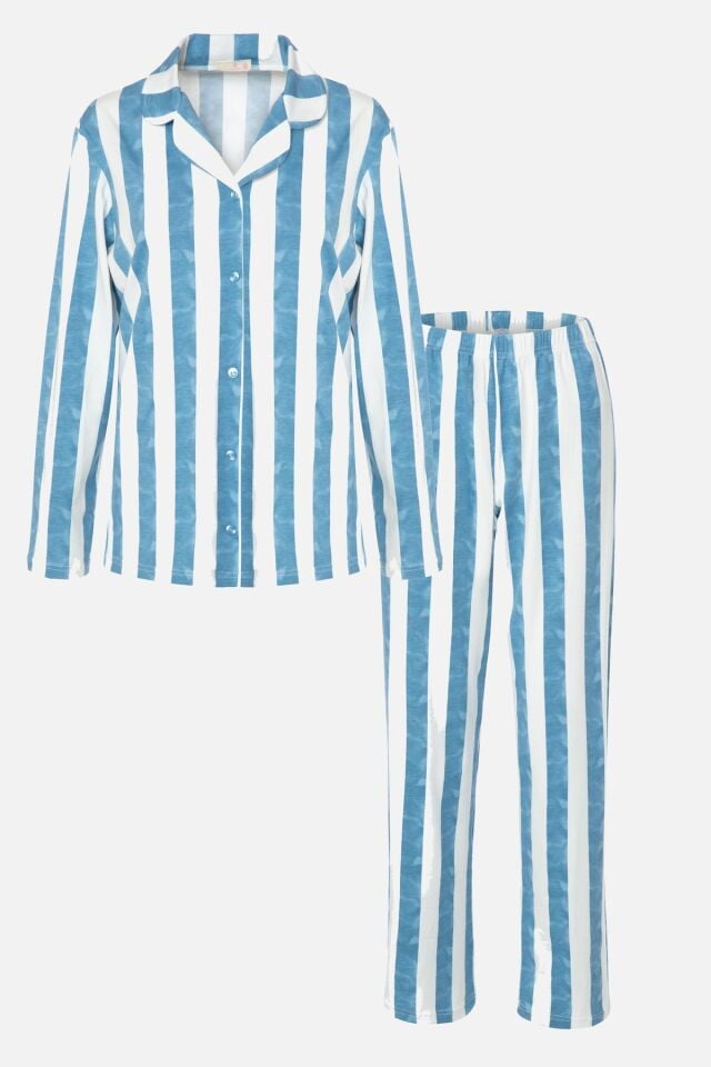 Kadın Uzun Kollu Pamuklu Gömlek Yaka Sulu Boya Efektli Pijama Takımı Çok Renkli - 2XL - Çok Renkli - 2XL