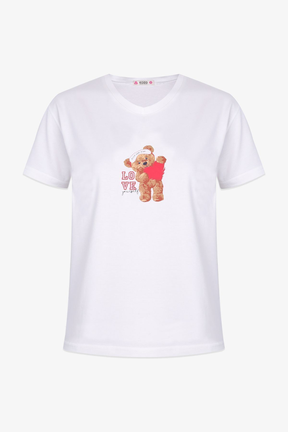 Kadın Pamuklu Ayıcık Desenli V Yaka Şortlu Pijama Takımı KO70109 Üst Ekru Alt Lacivert Ayıcık - L - KO70109 Üst Ekru Alt Lacivert Ayıcık - L