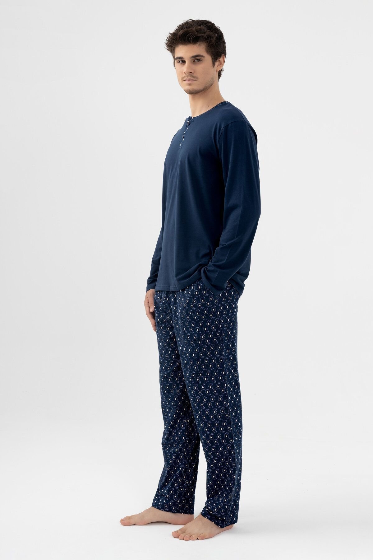 Erkek Pamuklu, Likralı, Yaka Düğmeli Ve Cep Detaylı Pijama Takımı Lacivert-Beyaz - M