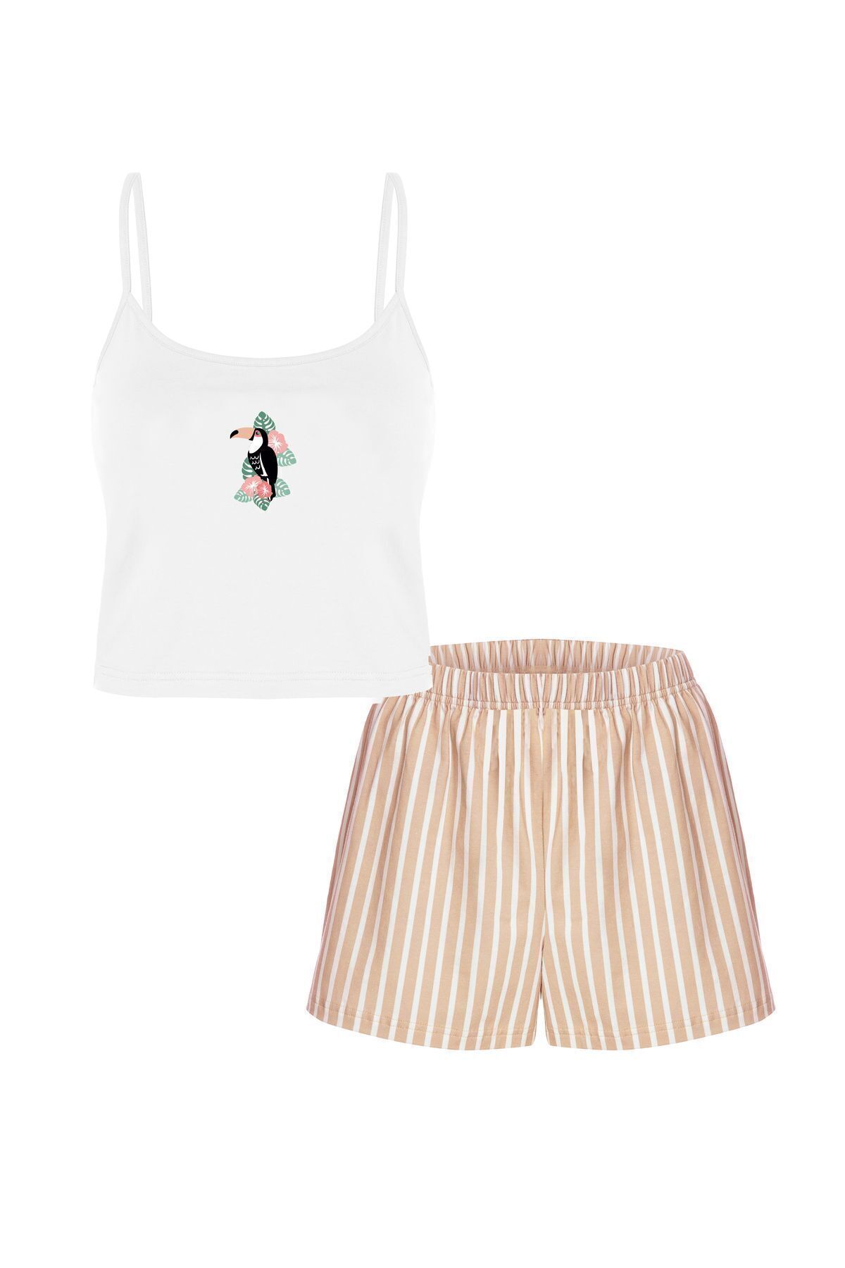 Kadın Pamuklu Çizgili Desenli İp Askılı Şortlu Pijama Takımı KO7203Ş-5 Turuncu - M