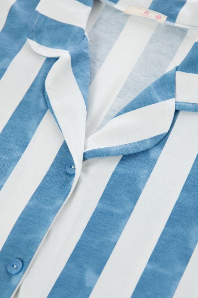 Kadın Uzun Kollu Pamuklu Gömlek Yaka Sulu Boya Efektli Pijama Takımı Çok Renkli - M - Çok Renkli - M