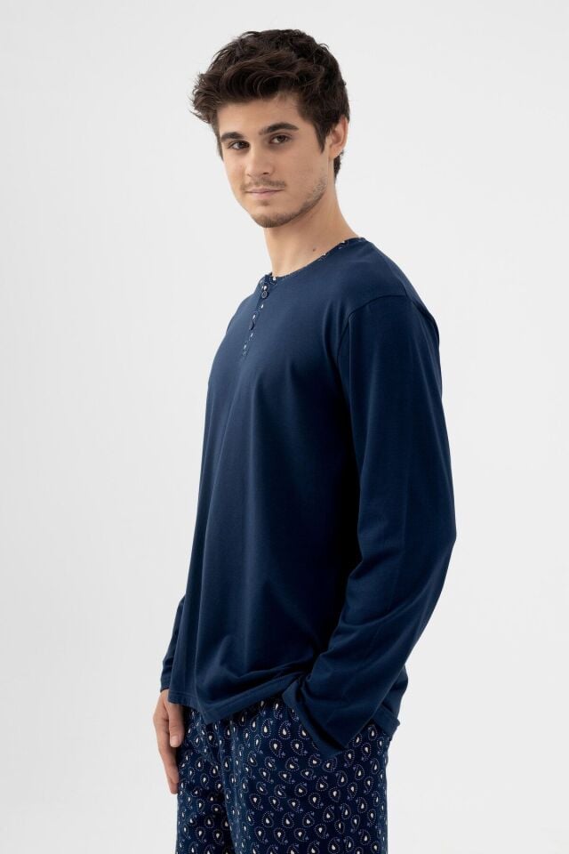Erkek Pamuklu, Likralı, Yaka Düğmeli Ve Cep Detaylı Pijama Takımı Lacivert-Beyaz - 2XL