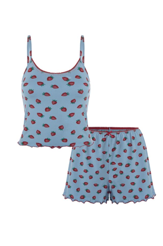 Kadın İp Askılı Çilek Desenli Pamuklu Şortlu Pijama Takımı Mavi - Kırmızı - XL