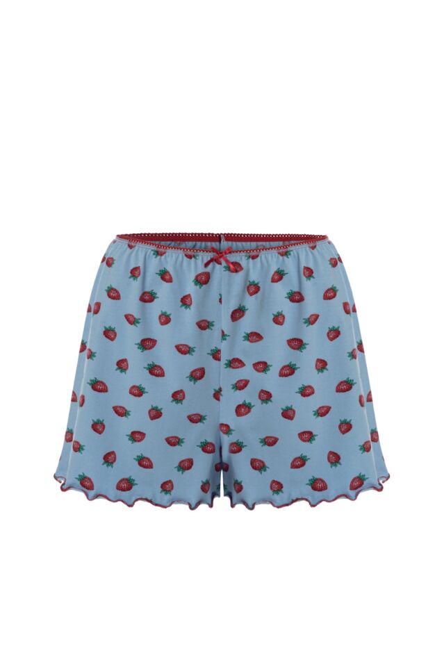 Kadın İp Askılı Çilek Desenli Pamuklu Şortlu Pijama Takımı Mavi - Kırmızı - XL