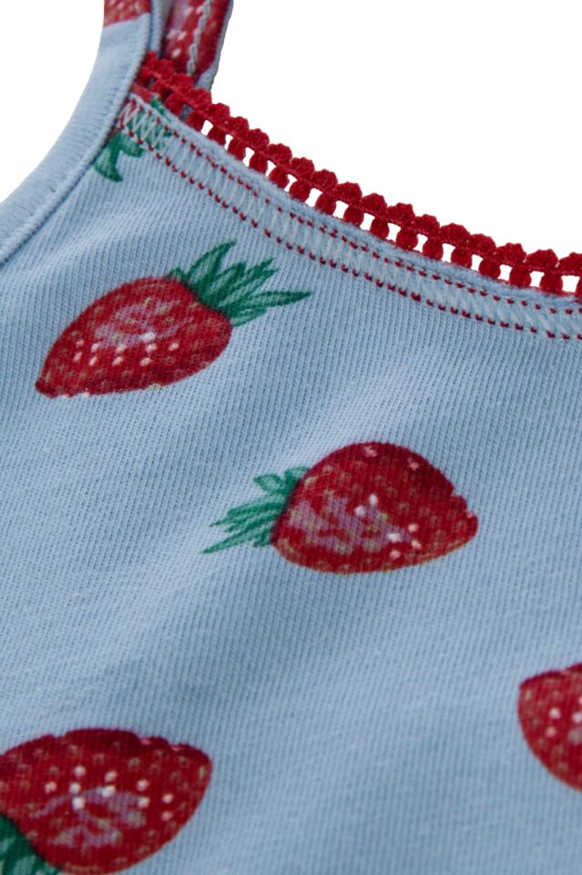 Kadın İp Askılı Çilek Desenli Pamuklu Şortlu Pijama Takımı Mavi - Kırmızı - XL