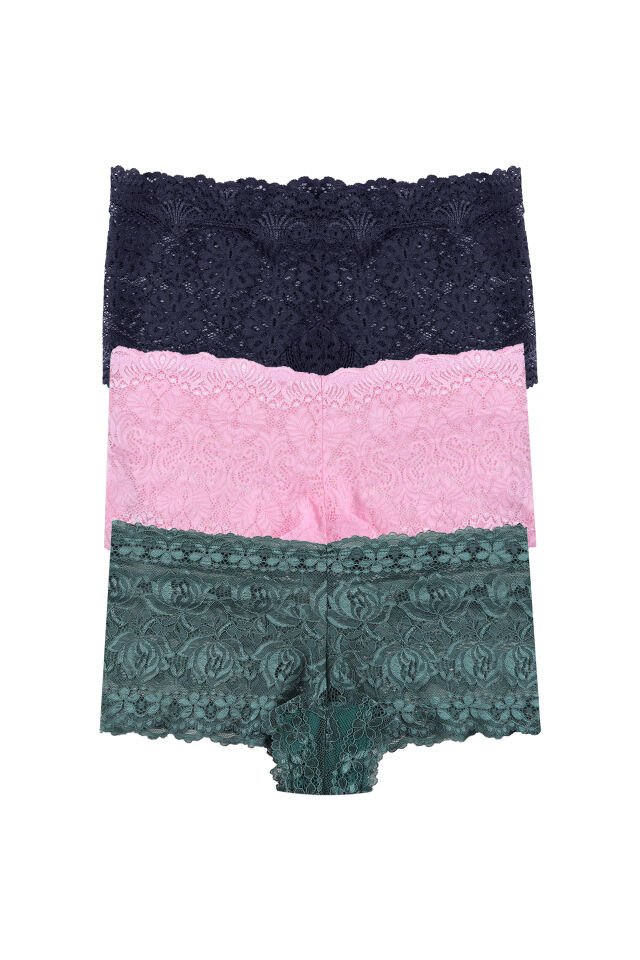 Kadın 3'lü Dantelli Boxer Külot (FARKLI DANTEL SEÇENEKLERİ) Yeşil - Pembe - L/XL