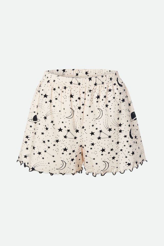 Kadın İnce Askılı Desenli Pamuklu Şortlu Pijama Takımı L - Ekru - Siyah