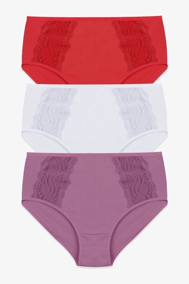 Kadın 3'lü Pamuklu Yan Dantelli Yüksek Bel Curve Külot