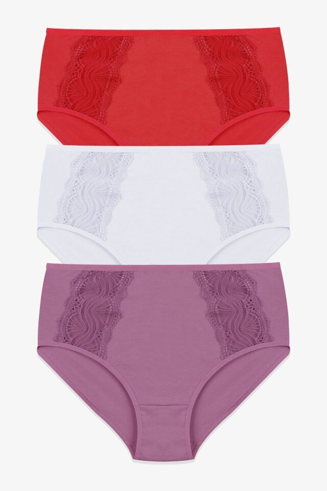 Kadın 3'lü Pamuklu Yan Dantelli Yüksek Bel Curve Külot kırmızıekrugulkurusu - XL/2XL