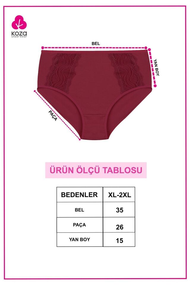 Kadın 3'lü Pamuklu Yan Dantelli Yüksek Bel Curve Külot kırmızıekrugulkurusu - XL/2XL