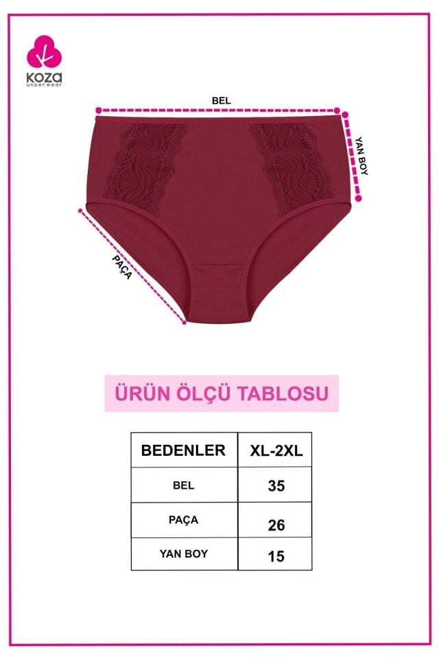 Kadın 3'lü Pamuklu Yan Dantelli Yüksek Bel Curve Külot kırmızıekrugulkurusu - XL/2XL