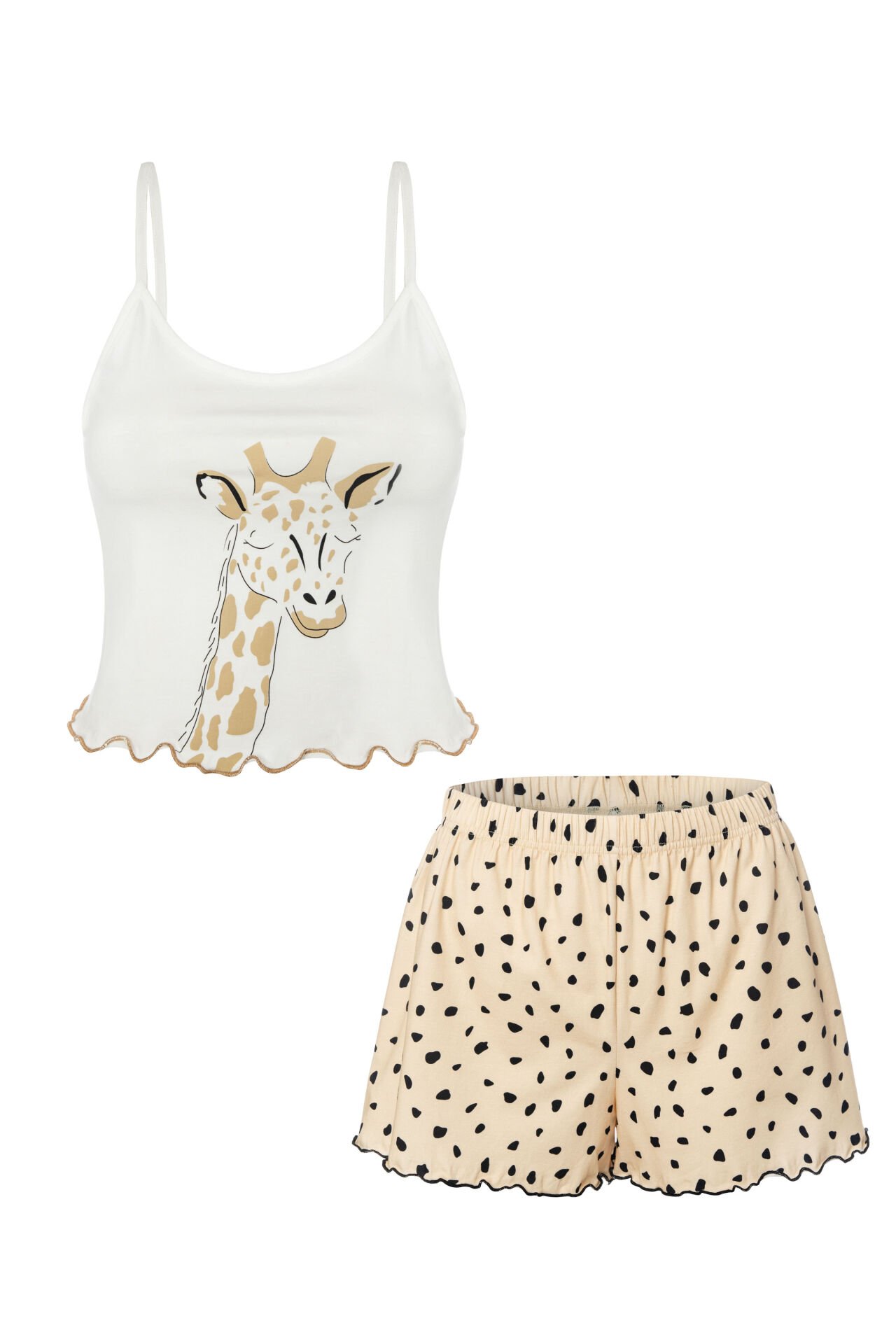 Kadın İnce Askılı Desenli Pamuklu Şortlu Pijama Takımı M