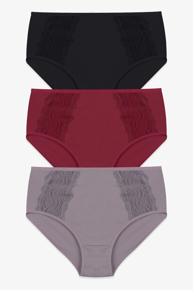 Kadın 3'lü Pamuklu Yan Dantelli Yüksek Bel Curve Külot siyahbordovizon - XL/2XL