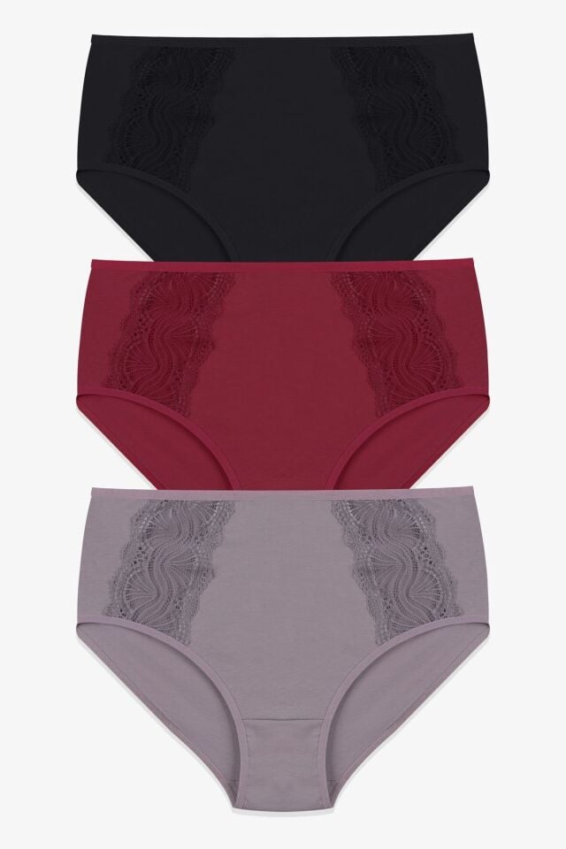Kadın 3'lü Pamuklu Yan Dantelli Yüksek Bel Curve Külot siyahbordovizon - XL/2XL