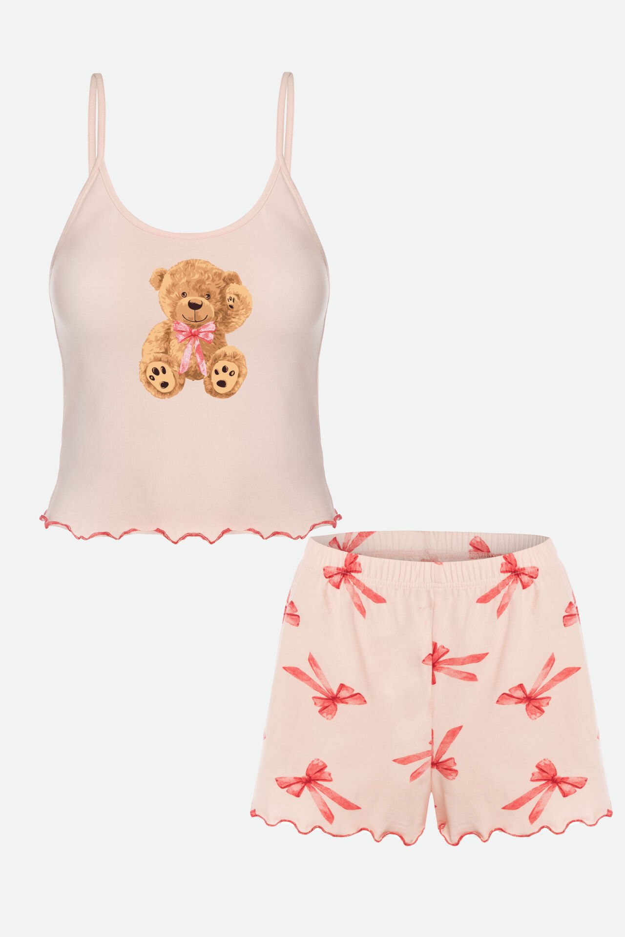 Kadın İnce Askılı Desenli Pamuklu Şortlu Pijama Takımı S - Pudra - Kahverengi