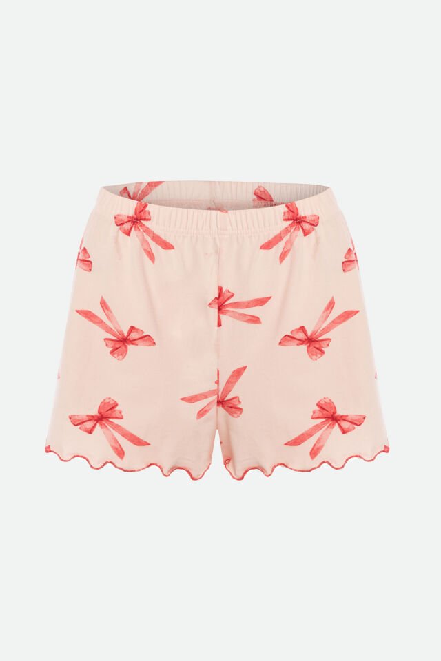Kadın İnce Askılı Desenli Pamuklu Şortlu Pijama Takımı S - Pudra - Kahverengi