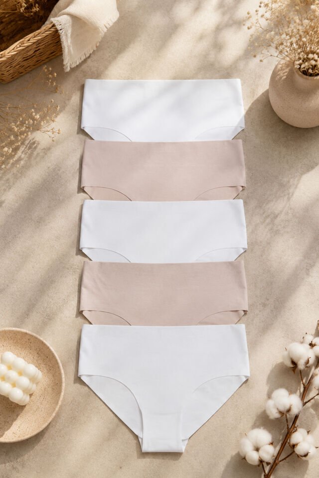 Kadın Premium Kalite Toparlayıcı Etkili 5'li Lazer Kesim Pamuklu Külot Ten - Ekru - XL/2XL