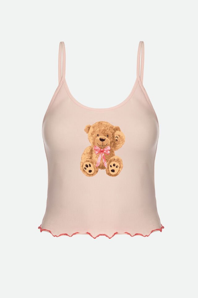 Kadın İnce Askılı Desenli Pamuklu Şortlu Pijama Takımı M - Pudra - Kahverengi