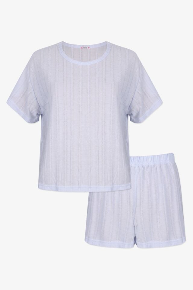 Kadın Pembe Saçaklı Yarım Kollu Şortlu Takım KO70105 Bebe Mavisi - XL - KO70105 Bebe Mavisi - XL