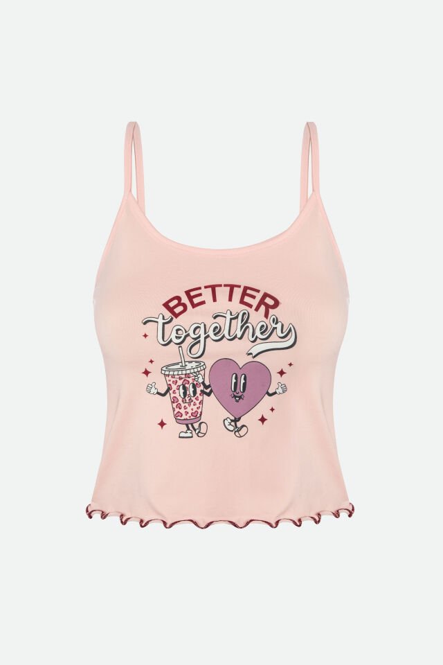 Kadın İnce Askılı Desenli Pamuklu Şortlu Pijama Takımı S