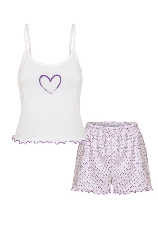 Kadın Pamuklu Baby Overloklu İp Askılı Şortlu Pijama Takımı KO7200Ş-4 Mor Kalpli - L - KO7200Ş-4 Mor Kalpli - L
