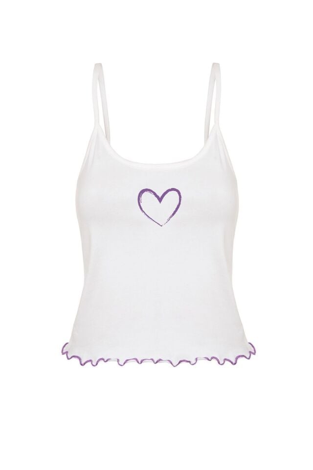 Kadın Pamuklu Baby Overloklu İp Askılı Şortlu Pijama Takımı KO7200Ş-4 Mor Kalpli - L - KO7200Ş-4 Mor Kalpli - L