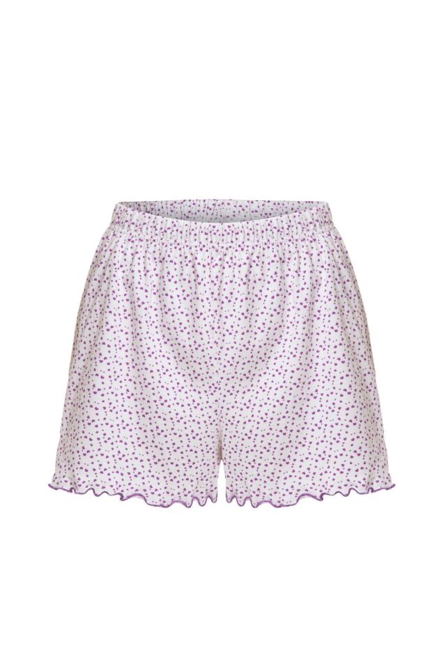 Kadın Pamuklu Baby Overloklu İp Askılı Şortlu Pijama Takımı KO7200Ş-4 Mor Kalpli - L - KO7200Ş-4 Mor Kalpli - L