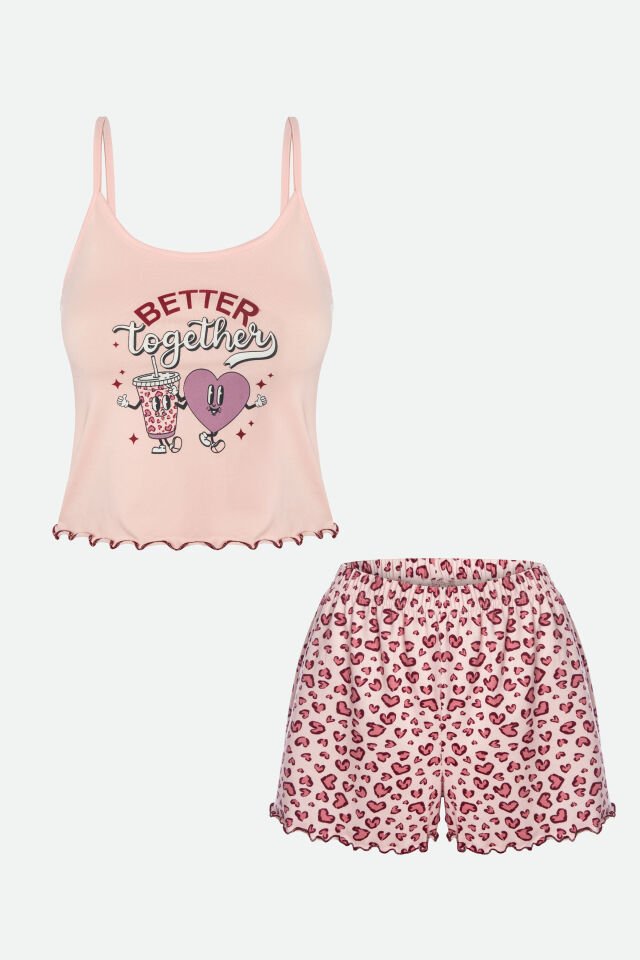 Kadın İnce Askılı Desenli Pamuklu Şortlu Pijama Takımı L