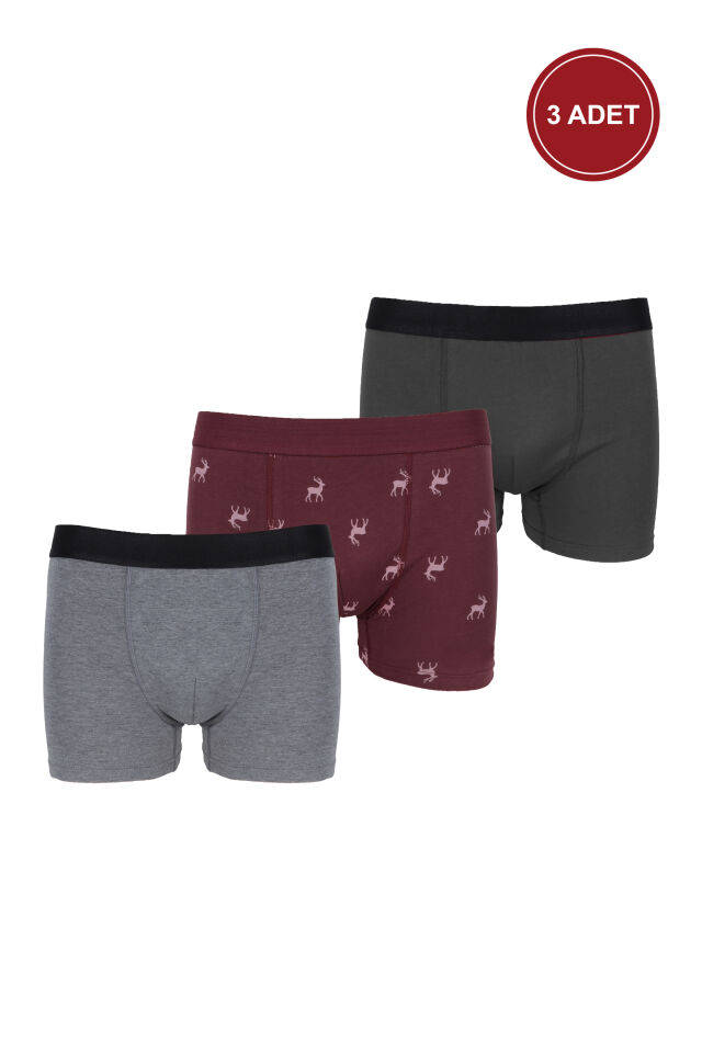 Erkek 3'lü Pamuklu Likralı Boxer Gri - Bordo - 3XL