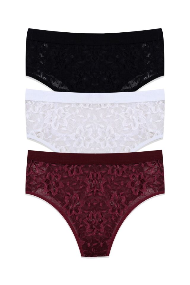 Kadın 3'lü Dantelli Yan Dekolteli Külot Siyahbeyazbordo - M