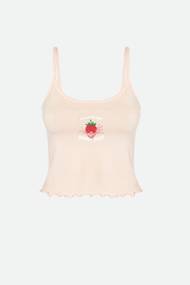 Kadın İnce Askılı Desenli Pamuklu Şortlu Pijama Takımı L - Pembe - Ekru