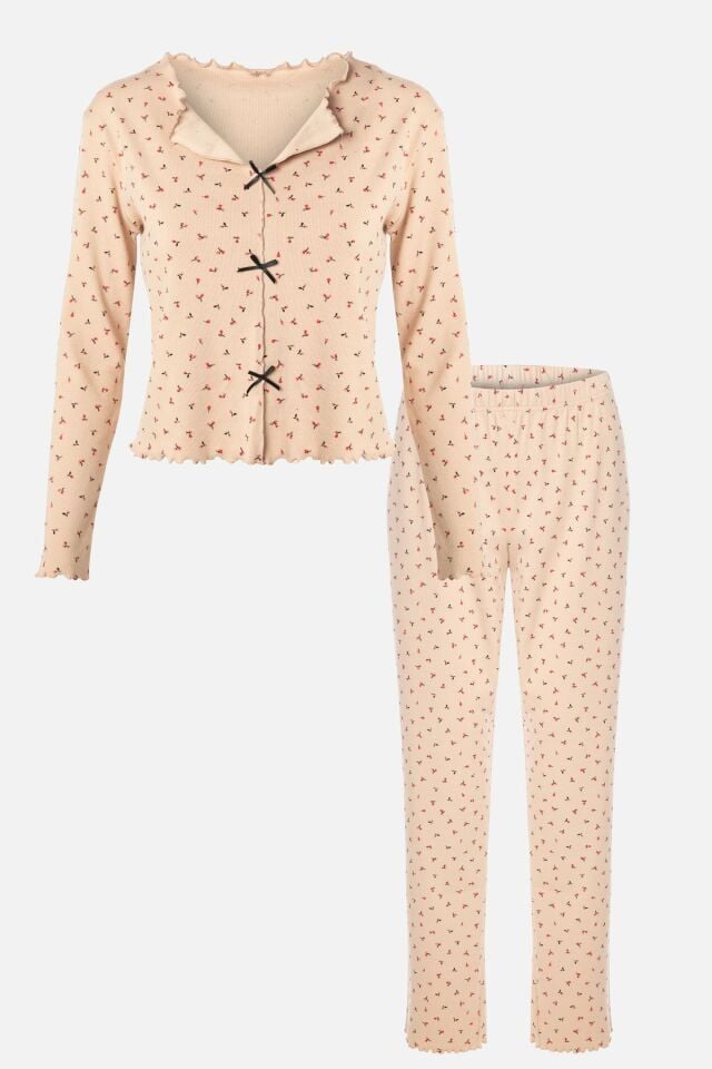 Sevgililer Günü Temalı Kadın Pamuklu Çıtır Çiçek Desenli Baby Overloklu Fiyonklu Uzun Kollu Pijama Takımı KO70142-2 - XL