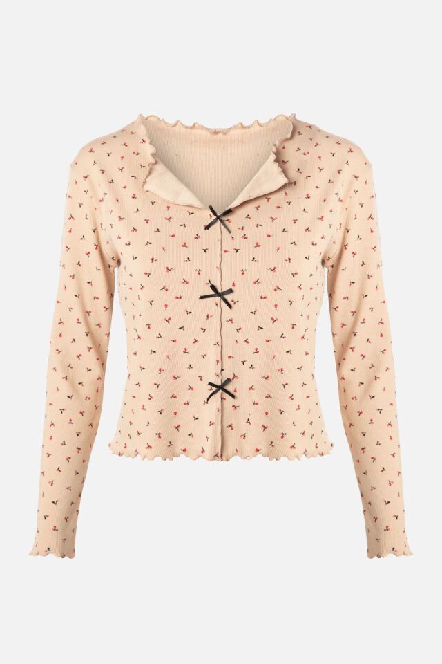 Sevgililer Günü Temalı Kadın Pamuklu Çıtır Çiçek Desenli Baby Overloklu Fiyonklu Uzun Kollu Pijama Takımı KO70142-2 - XL