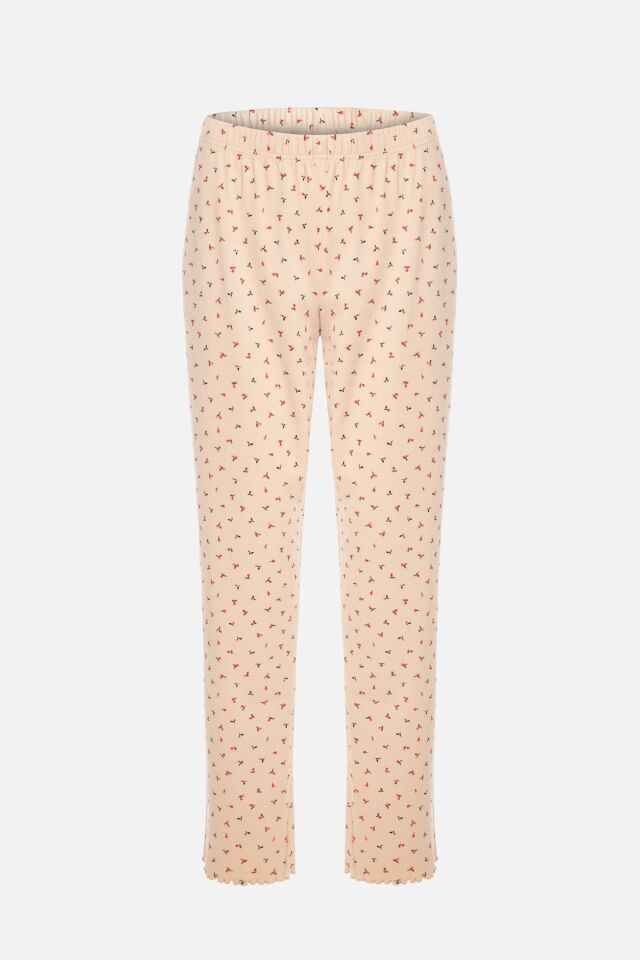 Sevgililer Günü Temalı Kadın Pamuklu Çıtır Çiçek Desenli Baby Overloklu Fiyonklu Uzun Kollu Pijama Takımı KO70142-2 - XL